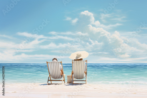 Travel, vacation, leisure and lifestyle concept. Young couple sitting on sun lounger chair on the beach by the sea or ocean sunny day. Generative AI