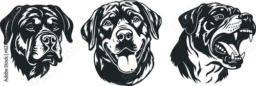 Rottweiler set of dog big head Vector isolated illustration in black color on white background. Aggressive Rottweiler dog breed pet. Ferocious Rottweiler Angry dog