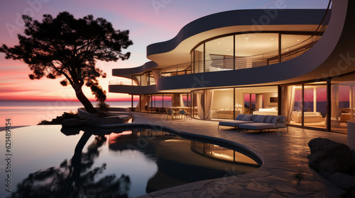Generative ai illustration of Modern minimalist cubic villa with swimming pool