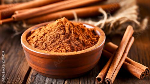 Zimt wird üblicherweise als gerollte Rinde gesehen oder zu einem rotbraunen Pulver gemahlen. Cinnamon is commonly seen as a rolled bark, or ground into a reddish-brown powder. Generative AI