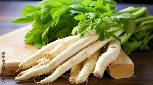 Meerrettich ist ein Wurzelgemüse, das oft zu einer würzigen Würze gemahlen wird. Horseradish is a root vegetable that's often ground into a spicy condiment. Generative AI