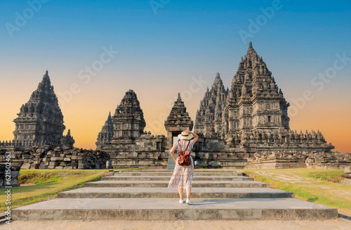 Woman traveler at Prambanan temple near Yogyakarta city, Central Java, Indonesia