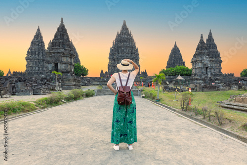 Woman traveler at Prambanan temple near Yogyakarta city, Central Java, Indonesia