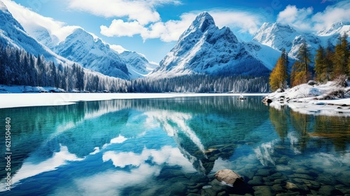 A serene mountain lake nestled between snow-covered peaks, generative ai