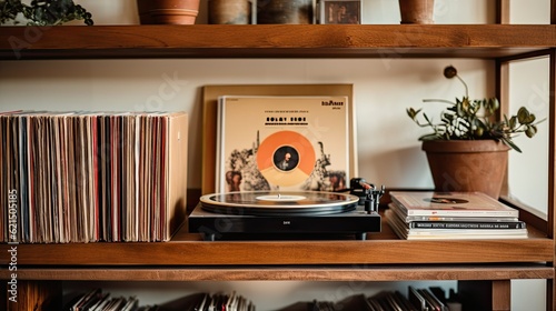 A vintage vinyl record player with a collection of classic albums on a wooden shelf, generative ai