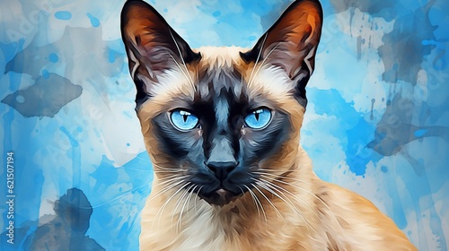  a painting of a siamese cat with a blue background. generative ai