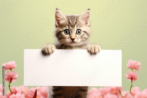 small kitten holding up a blank sign against a green background. domestic pets and creative marketing. very cute and innocent-looking, capturing the viewer's, an advertisement or information message