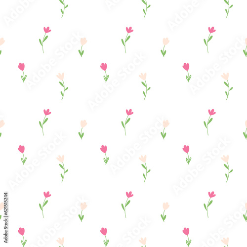Hand drawn simple floral seamless pattern. Pastel colors tulips on a transparent background. Delicate infantile naive style