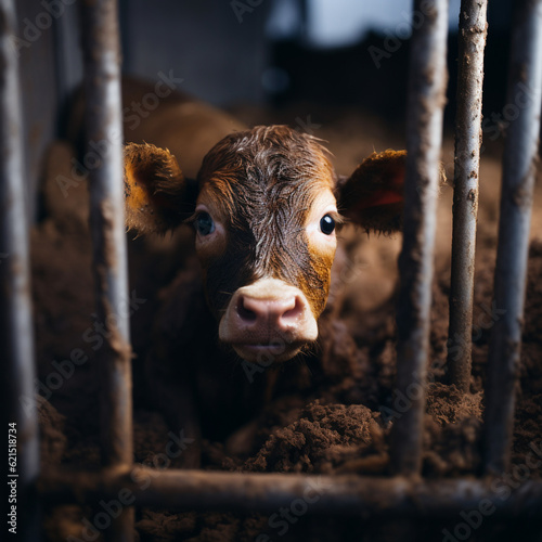 Sad calv in small factory farming cage