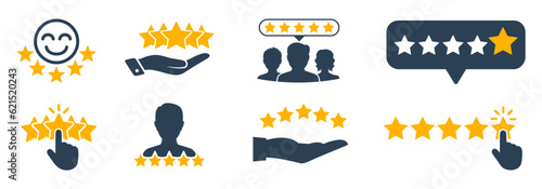 Five stars from customers set icons, rating signs, customer reviews sign, rating service, good client satisfaction, user experience best customer feedback concept – stock vector