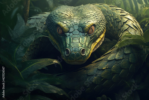 Big dangerous snake, anaconda in jungle looking at camera