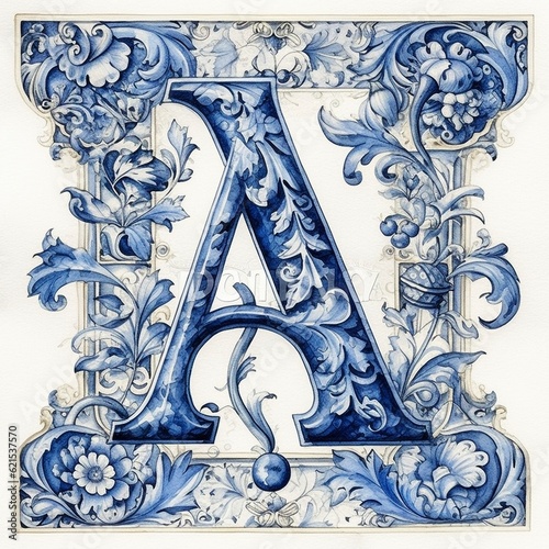 Blue Dutch delft style letter A