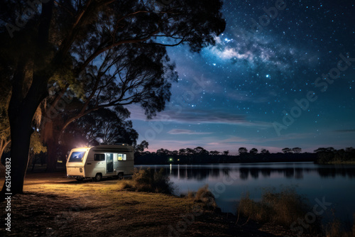 Summer night camping, lighted caravan and trees in the river under a starry sky. Tourists camp outdoor. Generative AI.