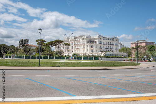 Roundabout in front of the historic luxury hotel, one of the most famous and iconic on the Adriatic Riviera, at Grand Hotel Rimini, Parco Federico Fellini, Rimini, Emilia-Romagna, Italy