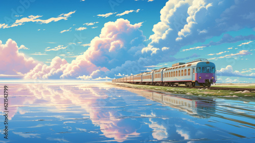 Train is driving on the sea, blue sky, white clouds, beautiful light with blue and light pink colors illustration