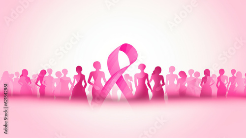 The Breast Cancer Awareness Month background illustration with pink ribbon logo and people silhouette