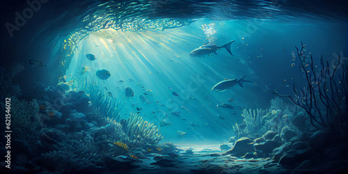 Underwater seascape - rays of light, fish and coral reef. Generative AI