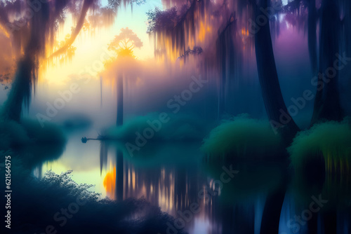 AI Illustration of Louisiana Swamp at twilight with cypress trees illuminated by the setting sun.