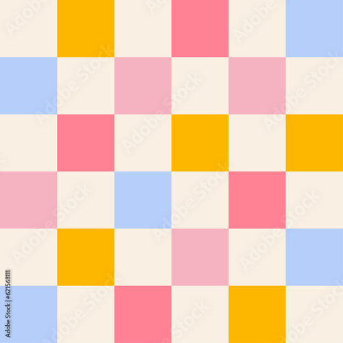 Checkerboard background. Geometric pastel square texture in vintage style. Plaid pattern background. Groovy hippie chessboard pattern.