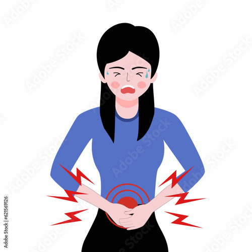 Woman in blue shirt is stomachache cartoon vector.