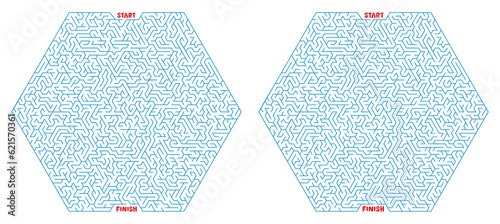 A hexagonal maze with solution. Color labyrinth with the answer. An interesting game for children and teenagers. Simple flat vector illustration isolated on white background.