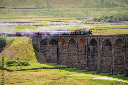 The Flying Scotsman Steam Train crossing The Ribblehead Viaduct, Yorkshire Dales, UK.