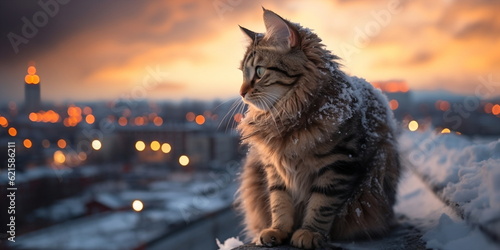 adorable fluffy cat sit on roof overview on old town Tallinn on evening sunset 