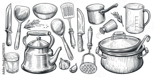 Set of kitchen utensils for cooking. Sketch vintage vector illustration for restaurant or diner menu