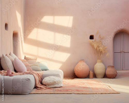 A cozy pastel-hued home interior adorned with berber and arabian pillows, vases, and other decorations creates a wild and inviting atmosphere