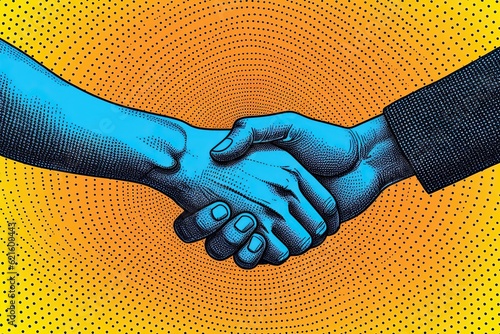 Business partnership handshake illustration, trust and cooperation, bright and colorful drawing of deal agreement