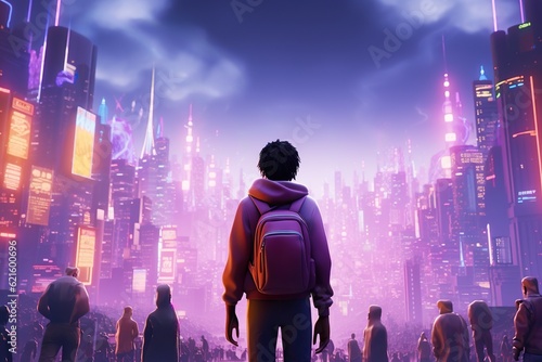 Teenage boy 3d avatar exploring neon metaverse city in virtual reality video game, modern futuristic gaming technology