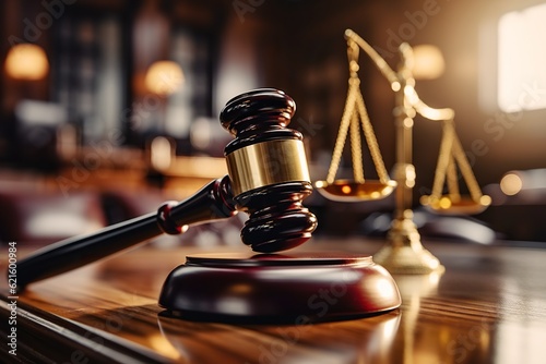 Close-up of gavel on judge desk, symbolizing court trial, justice and legal decisions in courtroom