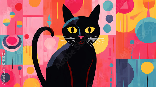 Stylized cute black cat vibrant colors kitsch mid century modern art abstract background