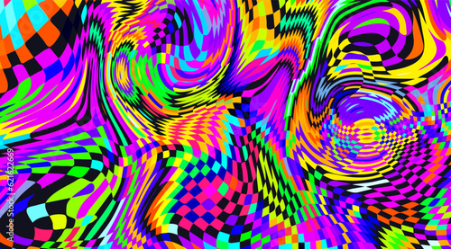Distorted neon checkered pattern. Abstract euphoria. Hallucination in consciousness