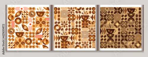 Coffee theme seamless patterns in simple geometric style with abstact shapes. Light, medium, dark roast level coffee For branding, decoration of food package, cover design, prints, background