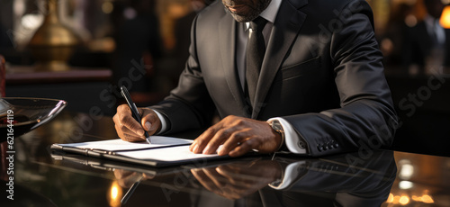 A business professional dressed in a black suit signs a contract document using a digital tablet, symbolizing the culmination of a significant deal. Generative Ai.