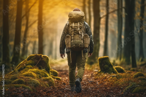 A hunter carrying a backpack filled with essential gear, standing at the entrance of a forest, ready to embark on an adventure. Generative AI