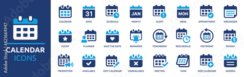 Calendar icon set. Containing date, schedule, month, week, appointment, agenda, organization and event icons. Solid icon collection. Vector illustration.