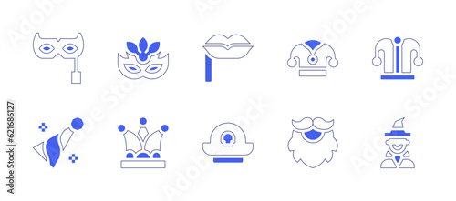 Costume party icon set. Duotone style line stroke and bold. Vector illustration. Containing eye mask, costume, jester, jester hat, party hat, minstrel, pirate hat, santa claus, witch.