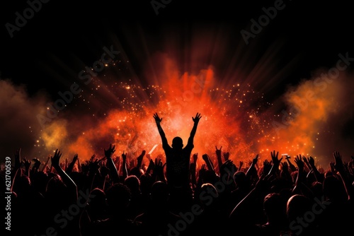 Silhouette of a concert crowd with raised hands at a music festival