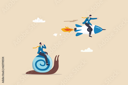 Boost fast speed to win business competition, high performance employee, competitive advantage winner, innovation or skill to success concept, businessman winner riding rocket, another on slow snail.