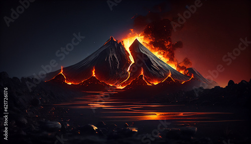 Night landscape volcano with burning lava and clouds of smoke