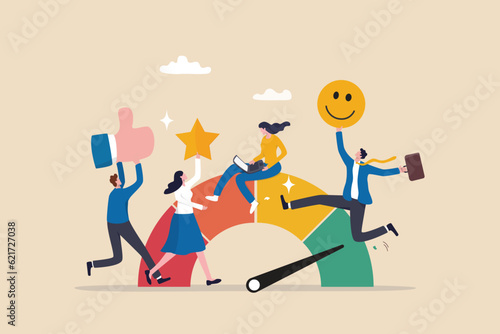 Employee engagement, commitment or motivation to success with company, staff dedication or job satisfaction, productivity or employee recognition, business people employee with stars and happy reward.