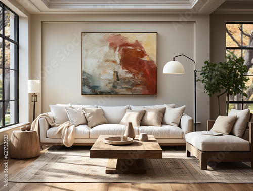 This minimal, scandinavian-style living room features a bold, eye-catching painting that creates a serene yet energizing atmosphere perfect for cozy conversations and relaxation