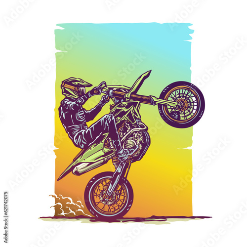 Colorful extreme supermoto biker wheelie freestyle cartoon illustration