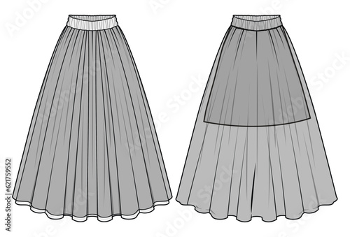 Transparent Net Layer Maxi Skirt Fashion Flat Sketch Vector Illustration, CAD, Technical Drawing, Flat Drawing, Template, Mockup.
