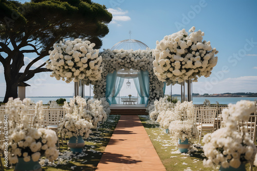 bride and groom with white dress, wedding table setting wedding cake and decoration rings