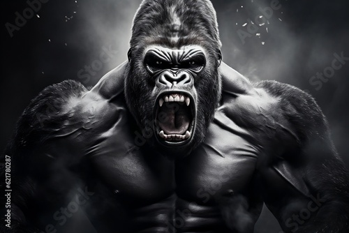 Screaming angry gorilla. Wild animal. Generative AI