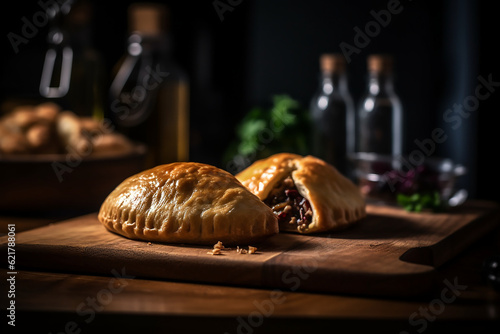 Cornish pasty served on a wooden board