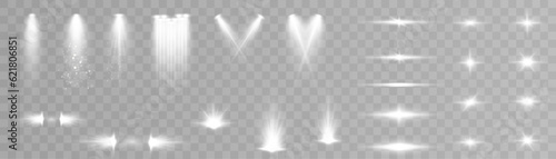 Set of light effects. Glowing isolated set of bright transparent light effects, glare, explosion, glitter, portal, line, sun flare, spark and stars, curve. Sunlight, abstract special effect. Vector